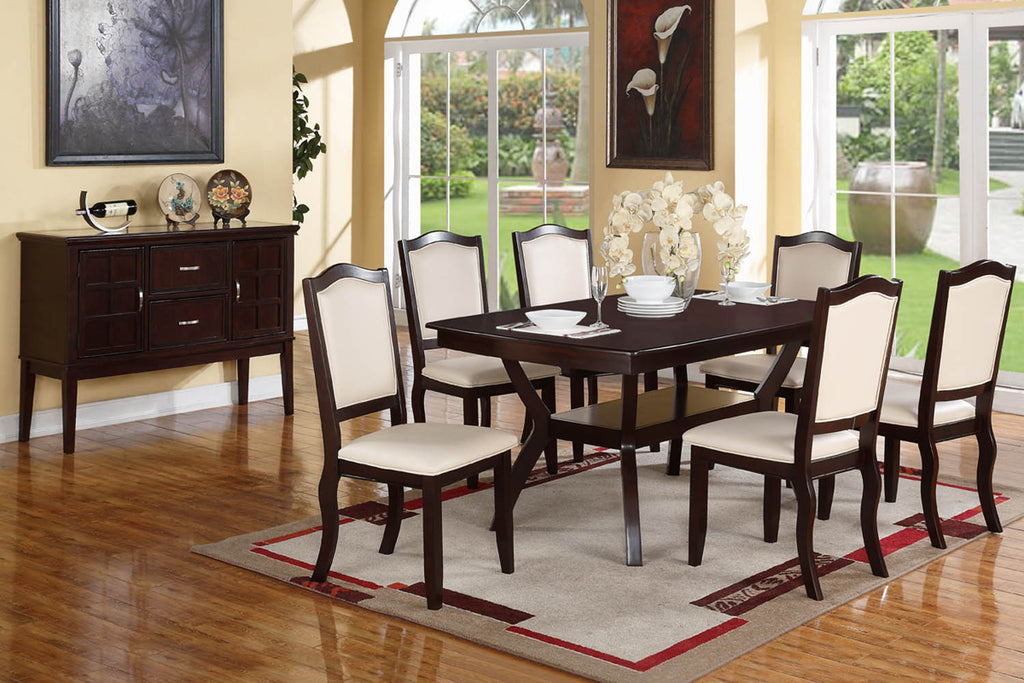 7 Piece Solid Wood Cappuccino with White Faux Leather