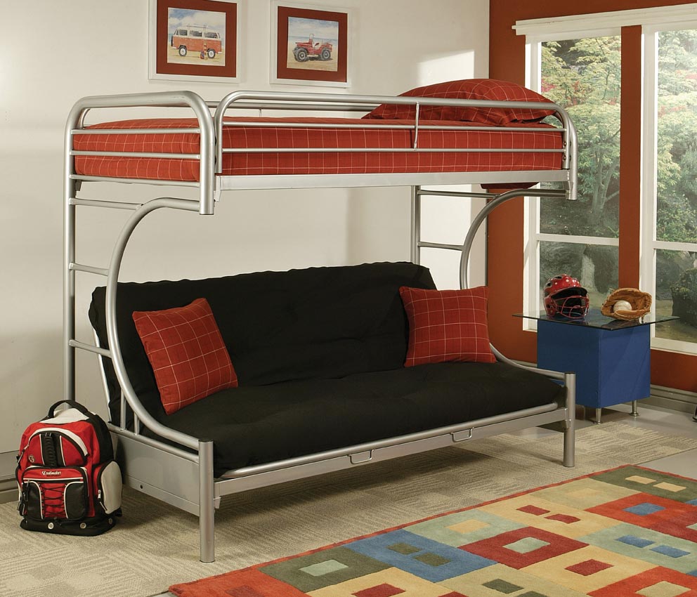 Silver Finish Twin/ Full Bunk Bed with Mattress and Futon Pad
