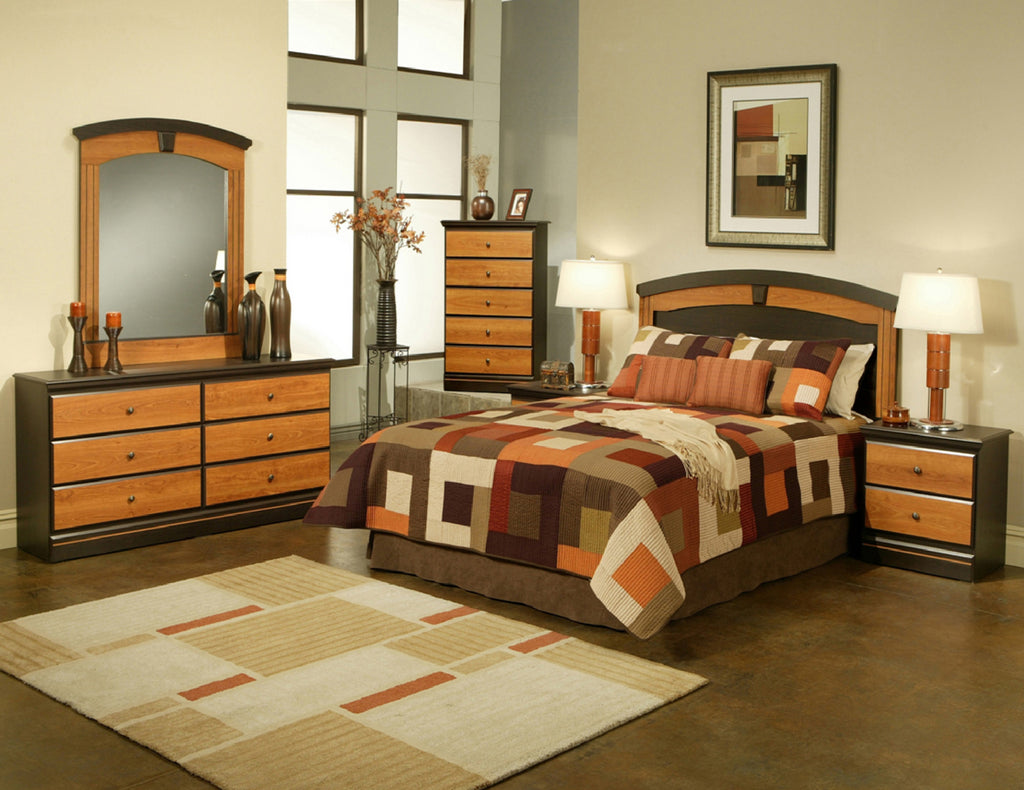 5 Piece Espresso and Cherry Finish Queen Panel Bed Set