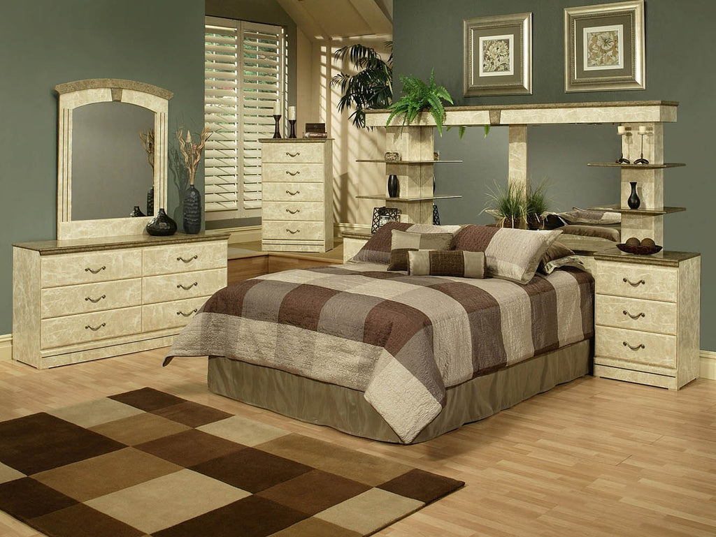 Green Marble Finish Queen Wall Unit with 2 Nightstands