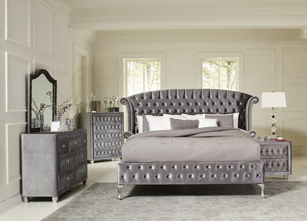 Deanna Upholstered Bed with Nailhead Trim and Button Tufting