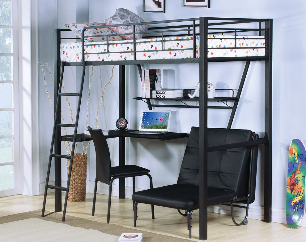 Black Metal Twin Loft Bed with Desk