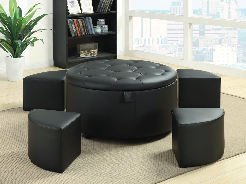 5 Piece Black Faux Leather Ottoman Set