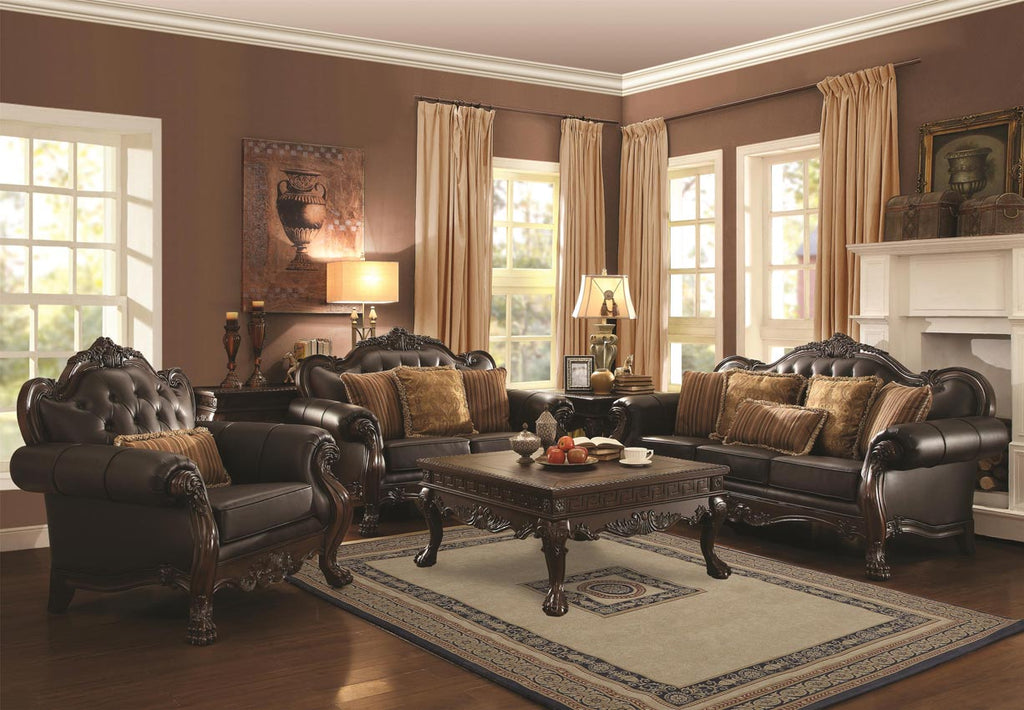 2 Pcs Amairani Traditional Leather Sofa Set with Intricately Carved Wood Frame