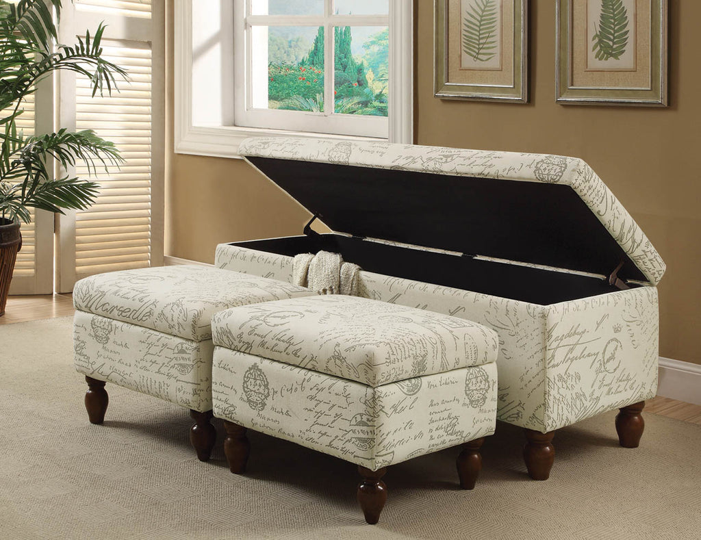 3 Piece French Script Linen Storage Bench Set