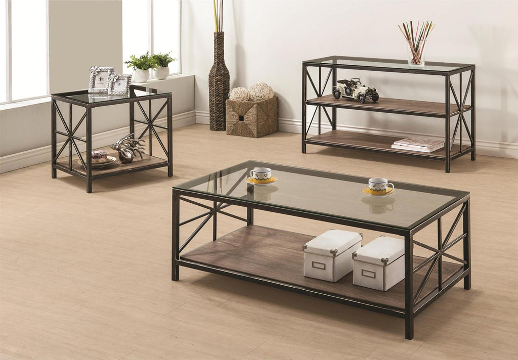 Avondale Rustic Coffee Table with Wood Shelf and Glass Top