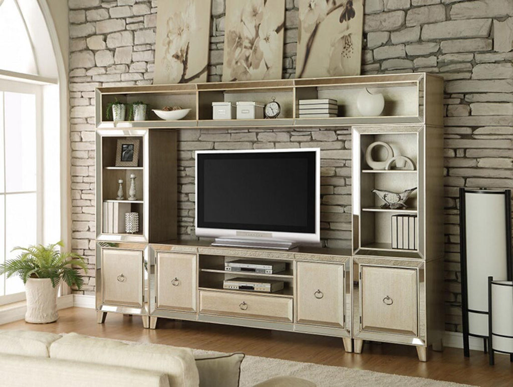 4 pc Voeville collection antique gold and mirrored accents entertainment center wall unit