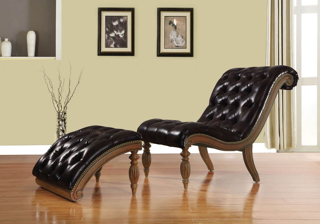 2 Piece Brown Bonded Leather Chair and Ottoman with Cherry Finish Wood