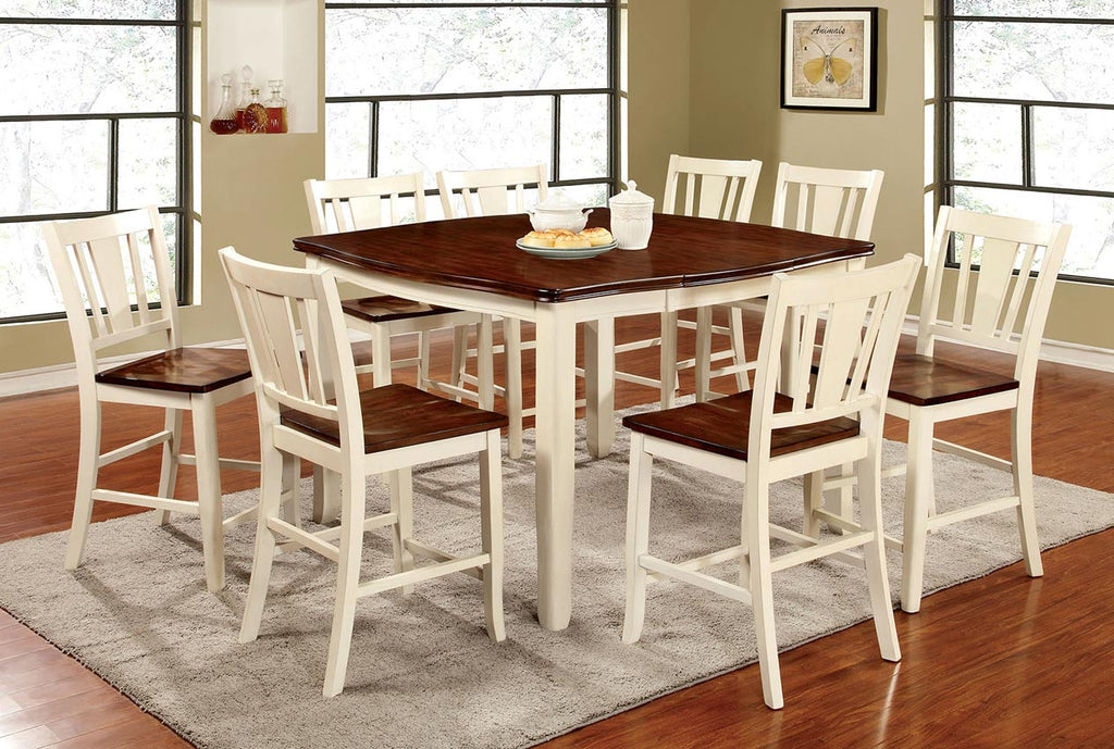 9 Pcs Cherry/Vintage White Counter Height Dining Table Set