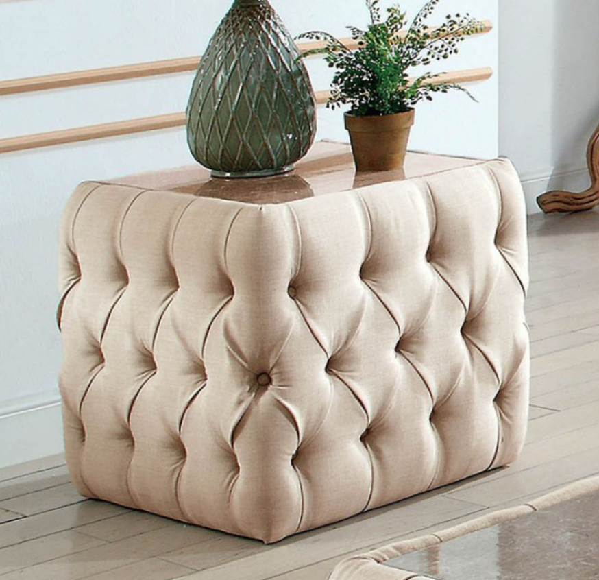 Button Tufted Beige Fabric Ottoman