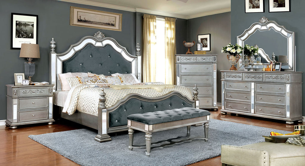 Traditional Style Padded Gray Fabric with mirror