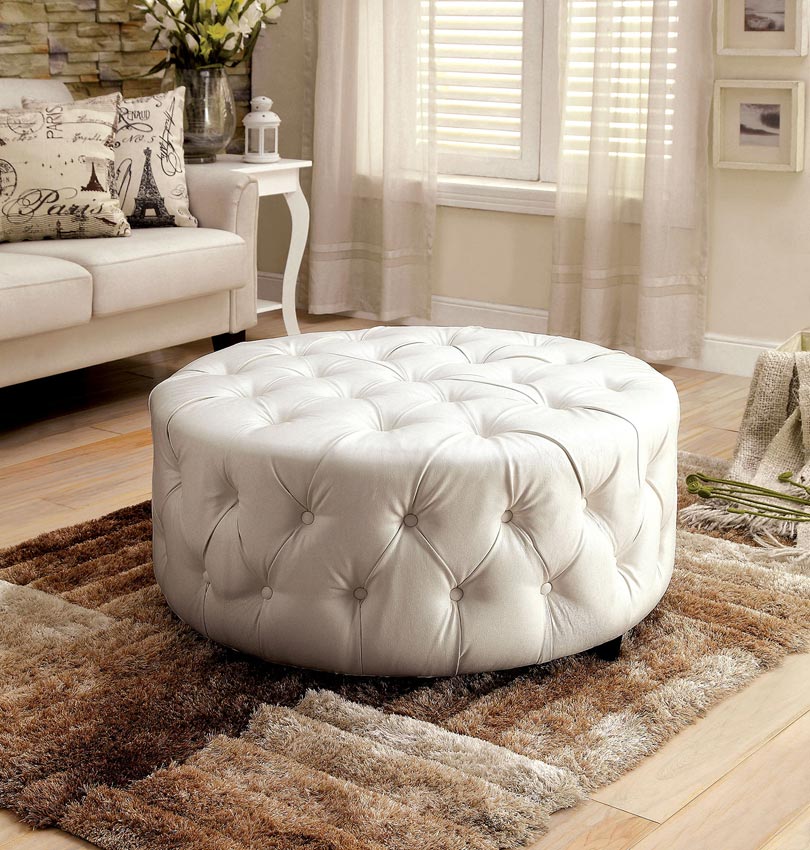 White Tufted Bonded Leather Circle Ottoman