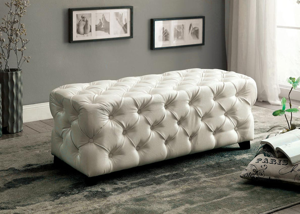 White or Grey Tufted Bonded Leather Rectangular Ottoman