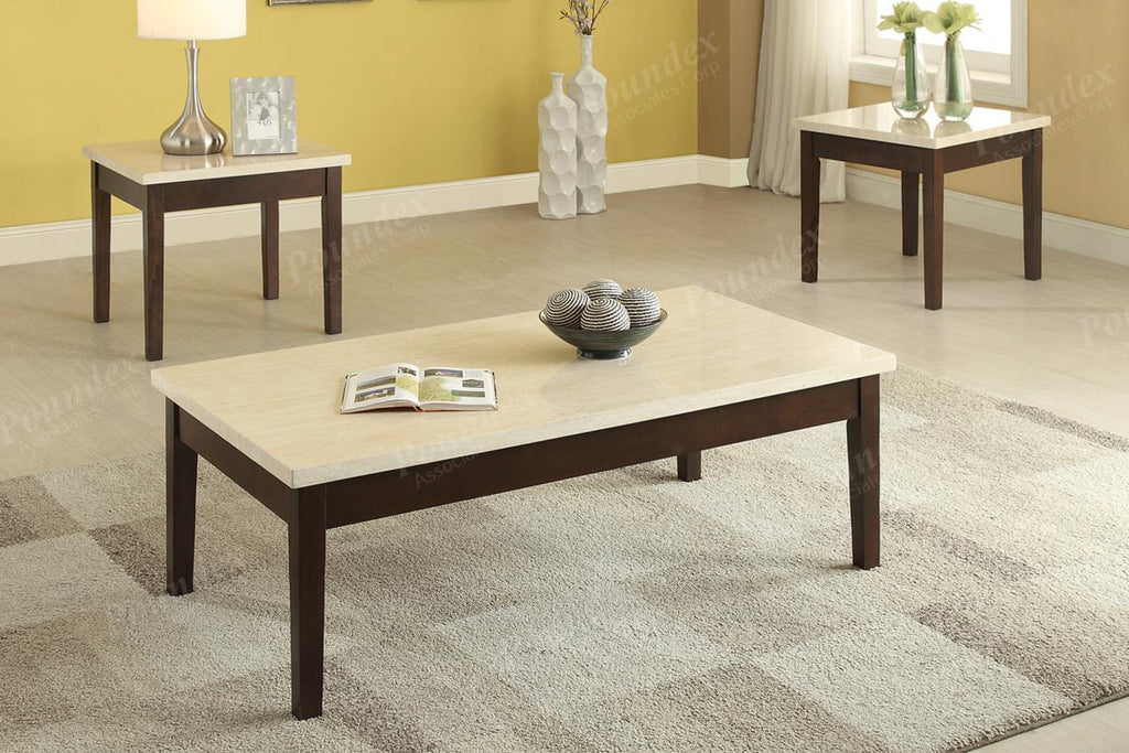 3 Pcs Espresso Finish Coffee Table Set with Faux Marble Top