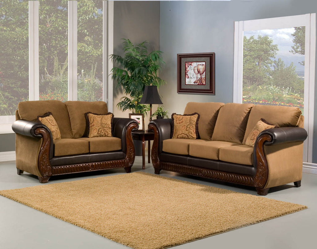 2 Piece Tan Sofa Set with Wood Decoration