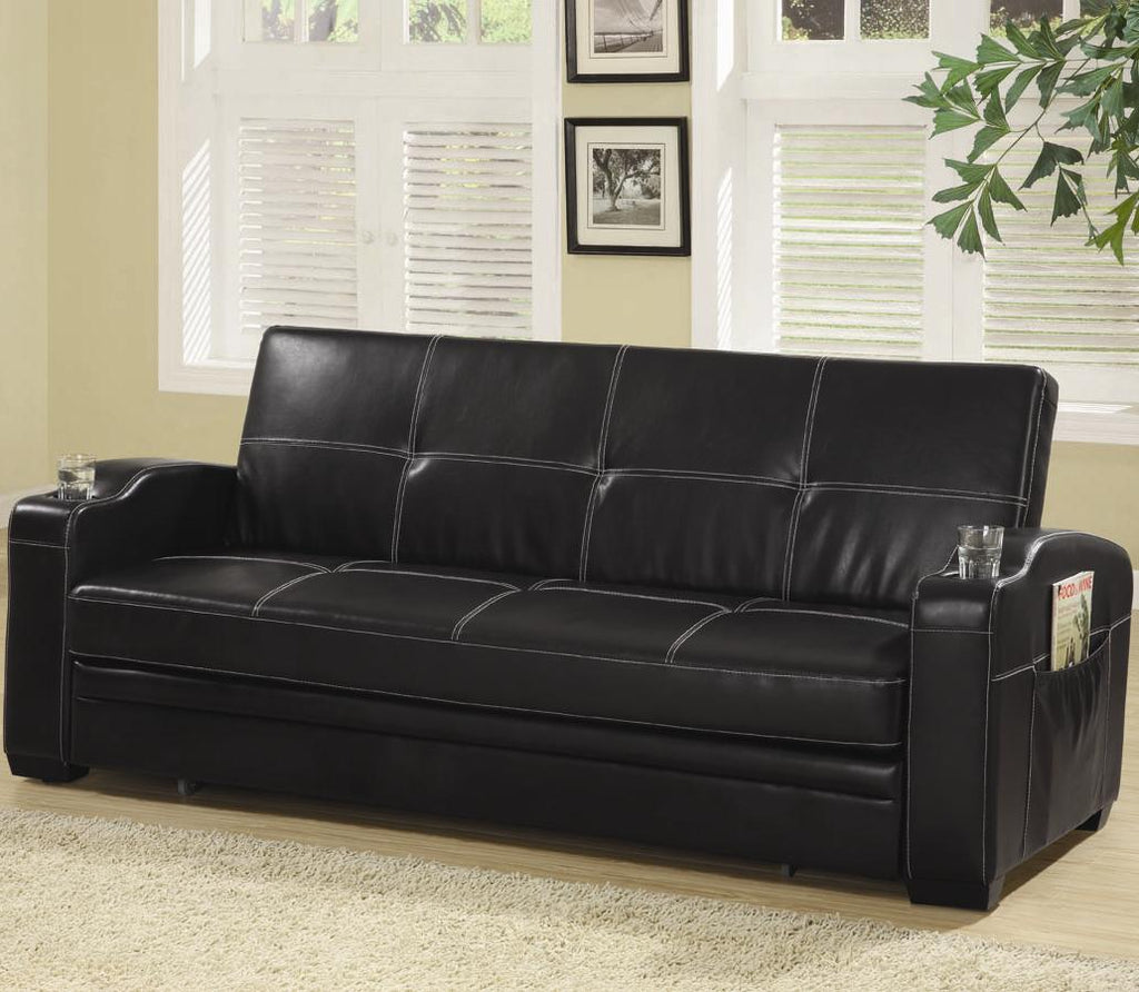 Faux Leather Sofa Bed with Storage and Cup Holders