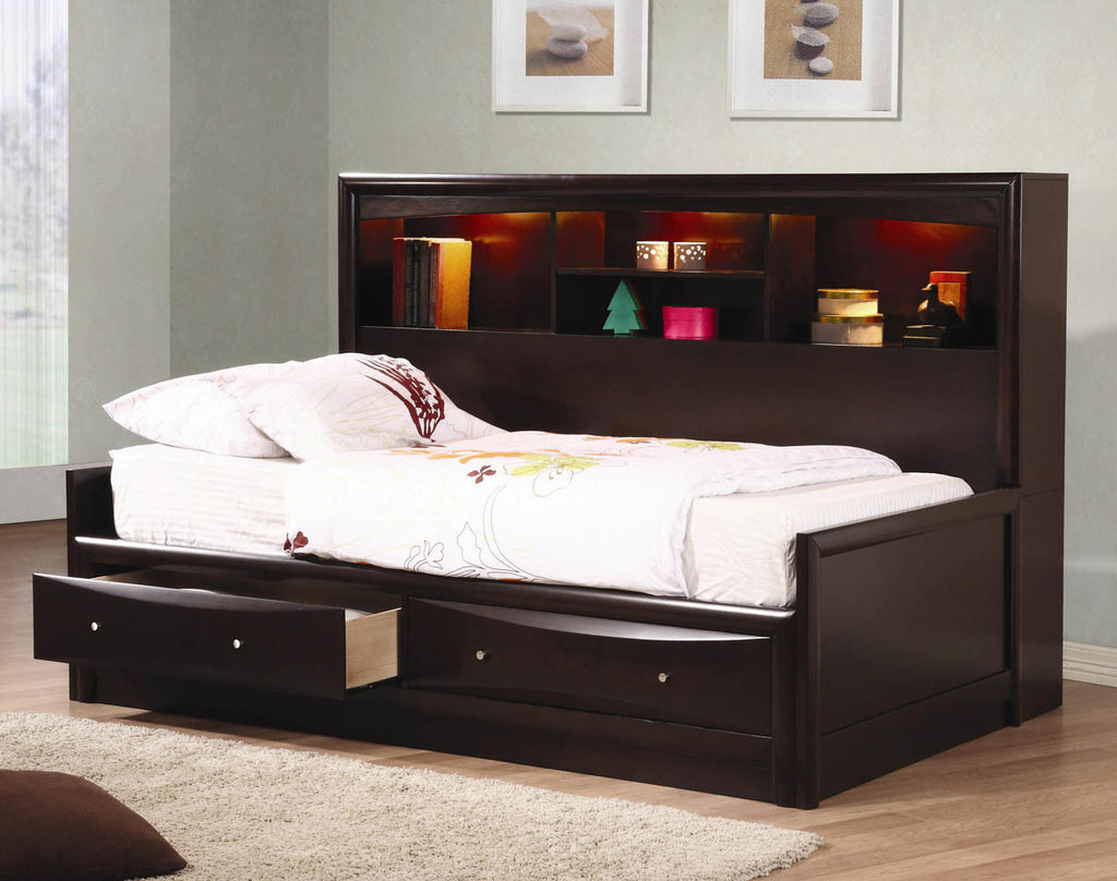 Cappuccino Finish Full Daybed with Bookcase and Storage Drawers