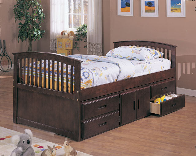 Cherry Finish Captain Twin Bed with 4 Drawers and Storage.