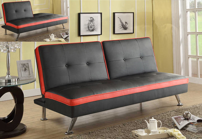 Red Trim on Black Faux Leather Adjustable Futon Sofa