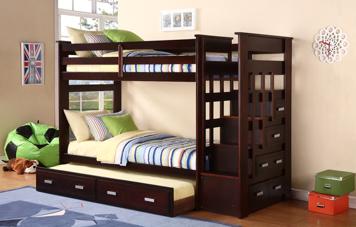 Espresso Finish Twin/ Twin Ladder Bunk Bed with Trundle and Storage Side Drawers