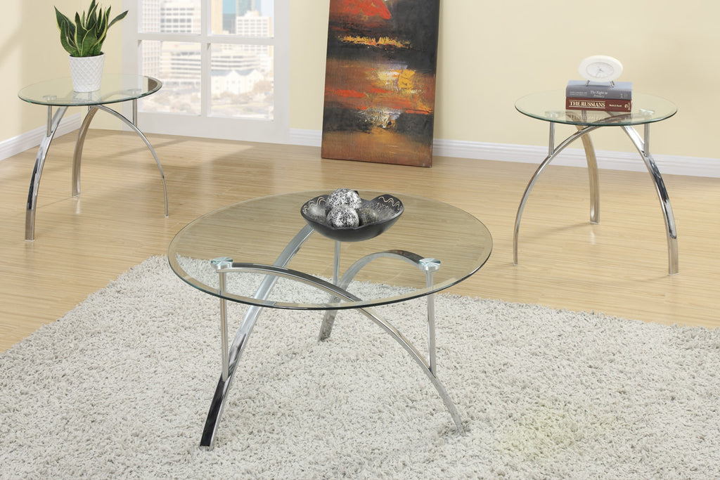 3 Piece Coffee Table Set Round Clear Tabletops with Shiny Silver Arched Legs