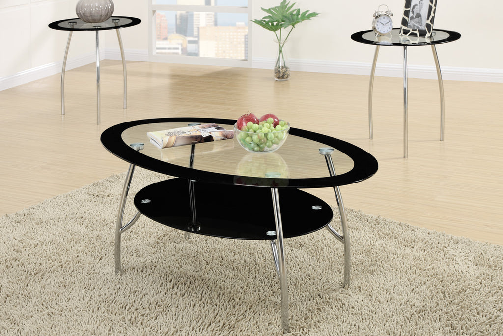 3 Piece Coffee Table Set with Black Glass and Metal Legging