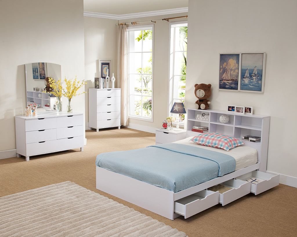Bookcase Headboard Chest Bed - white or Red Cocoa