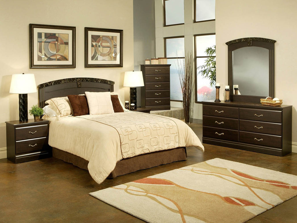 5 Piece Espresso and Marble Finish Queen Panel Bed Set