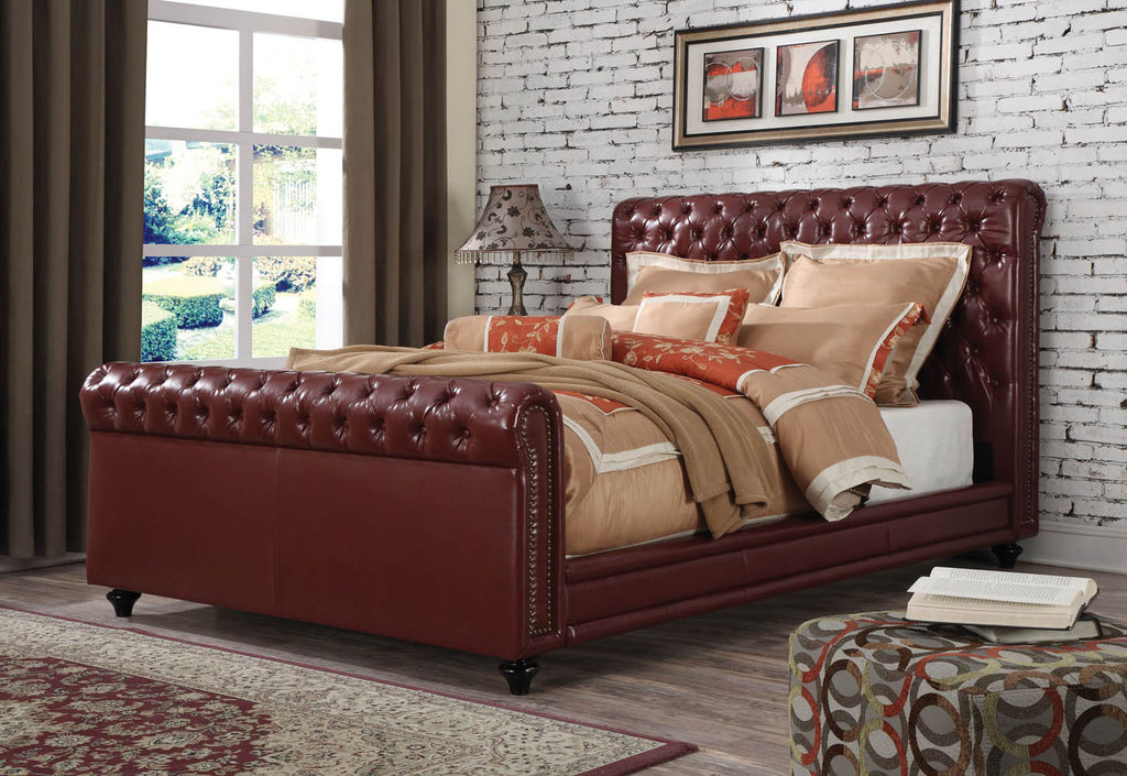 Burgundy Leather Upholstered Queen Bed Frame