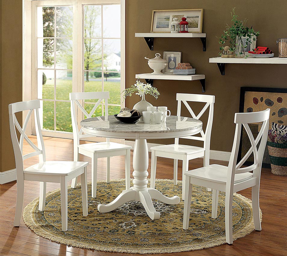 5 Pcs White Faux Marble  Wooden Dining