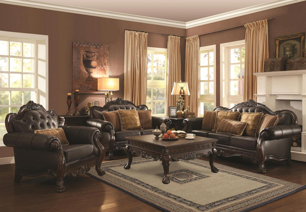 2 Pcs Amairani Traditional  Leather Sofa Set with Intricately Carved Wood Frame