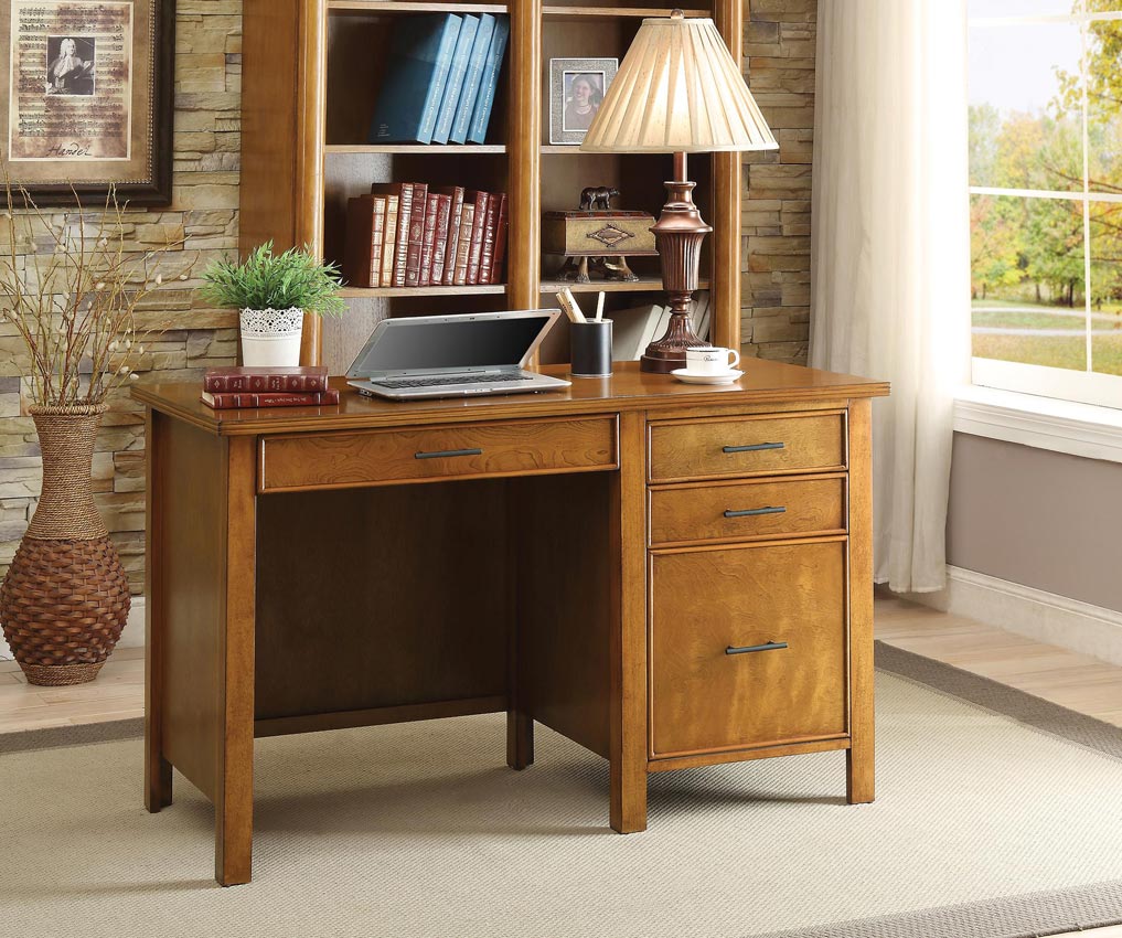 Honey Writing Desk with File Drawer and Outlet