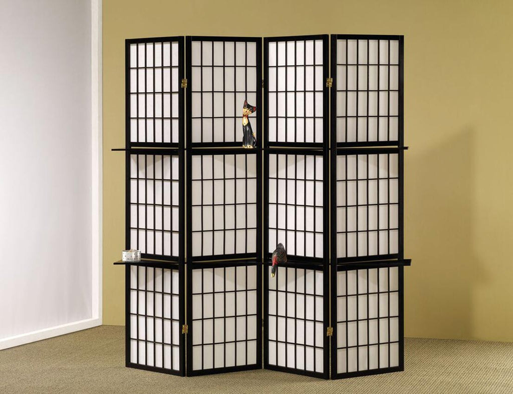 Black Folding Screen with Wood Shelves