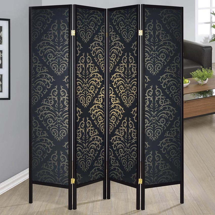 Four Panel Folding Screen with Black Finish and Gold Print