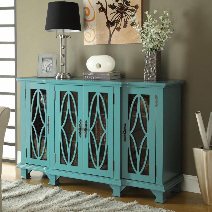 Large Teal Cabinet with 4 Glass Doors