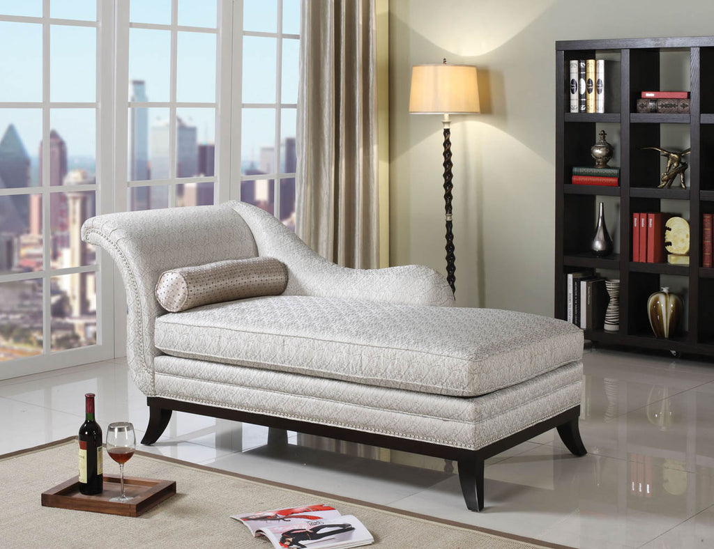 Elegant Beige Chaise with Dark Cherry Wood Base