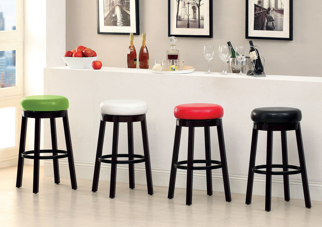 Green, White, Red, and Black Swivel Barstools