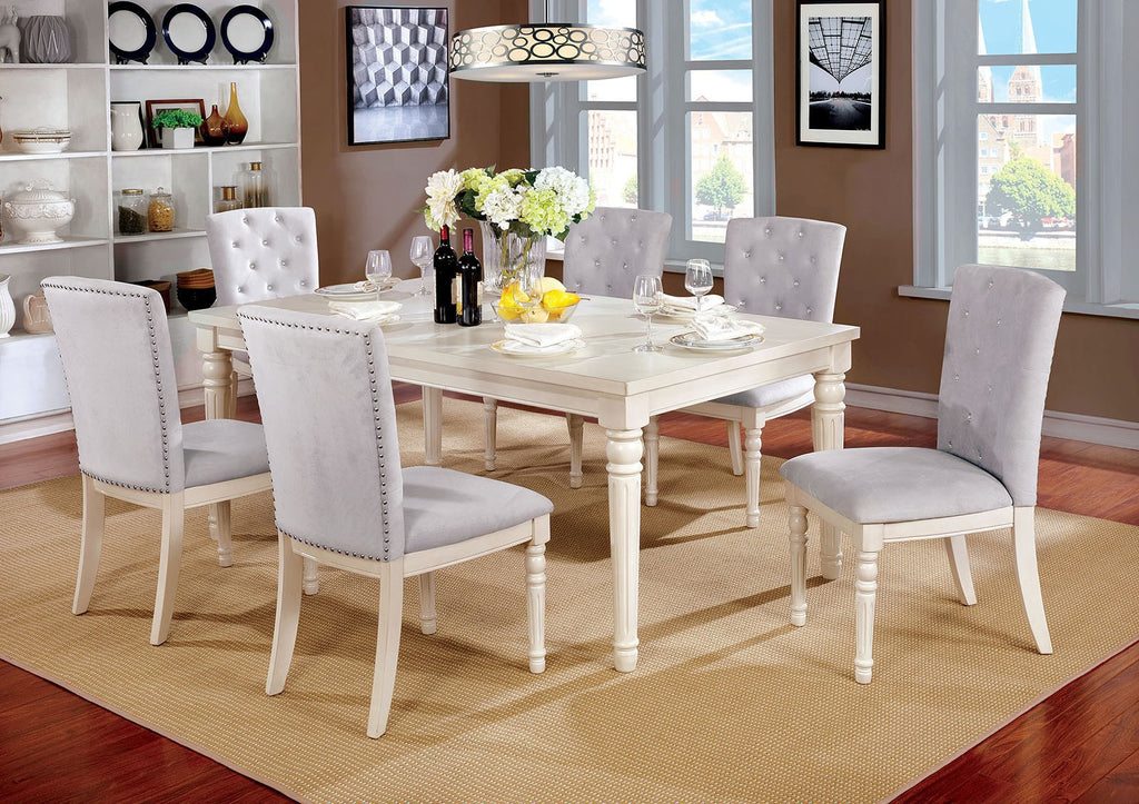 7 Pcs White Dining Set with Crystal-like Button Tufted Chair Backs