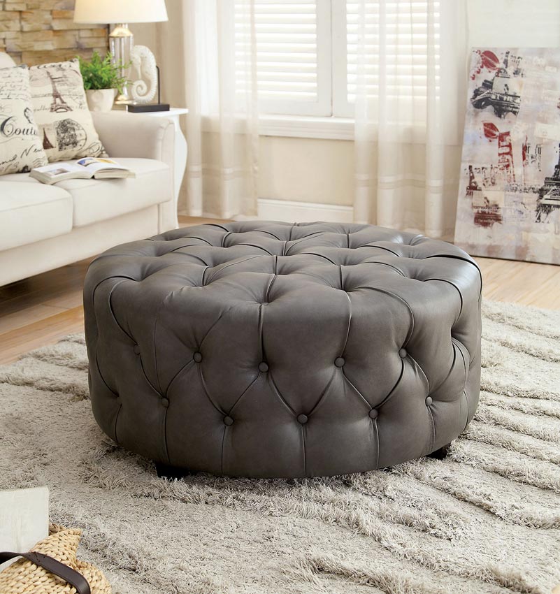 Gray Tufted Bonded Leather Circle Ottoman