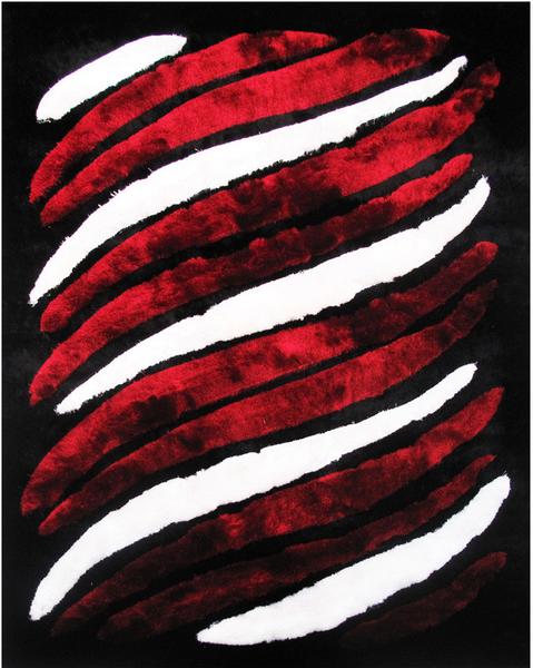 Red, white Stripes on Black Shaggy Rug