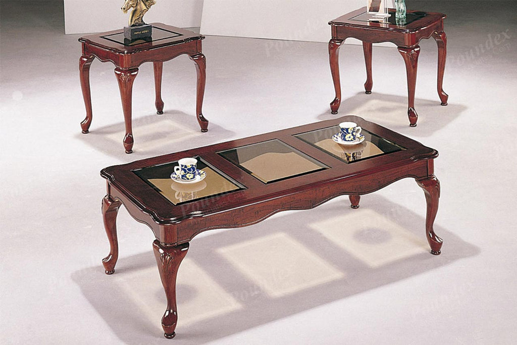 3 Pcs Cherry Finish Coffee Table Set with Glass
