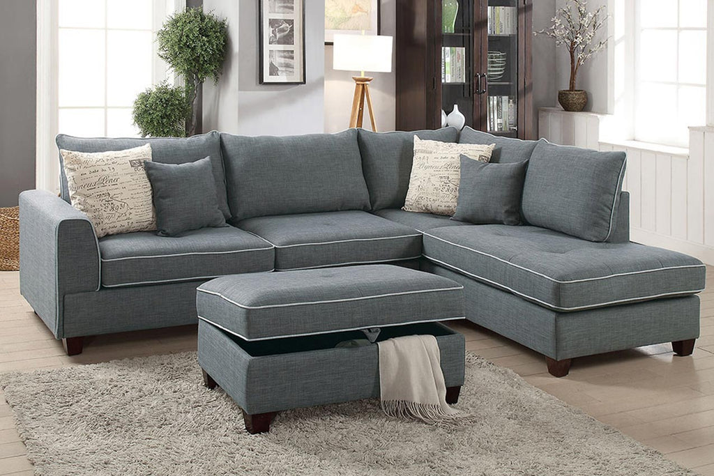 3 Pcs Dorris Fabric  Sectional Sofa Set with Ottoman- Color option