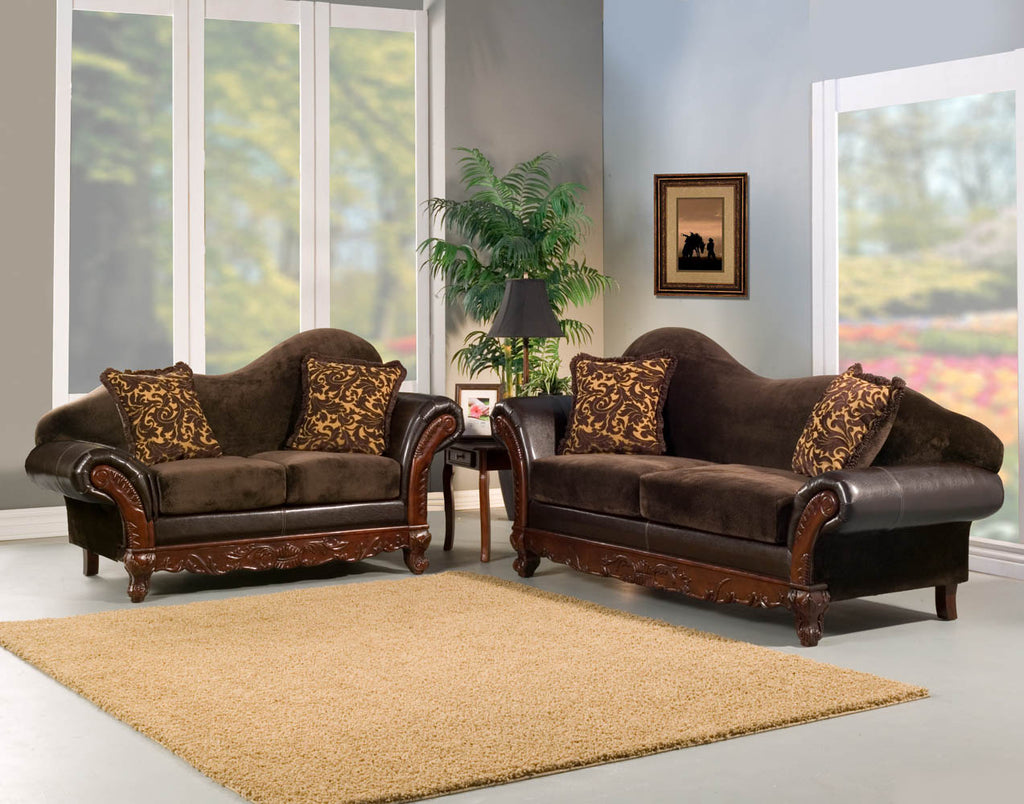 2 Piece Arched Backed Brown Sofa Set