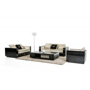 A&X Bellagio Transitional Black Crocodile and Beige Fabric Sofa Set